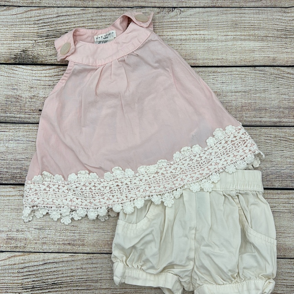 Max Studio Baby Pink and Cream Crochet Detail Top and Short Set Size 0-3…
